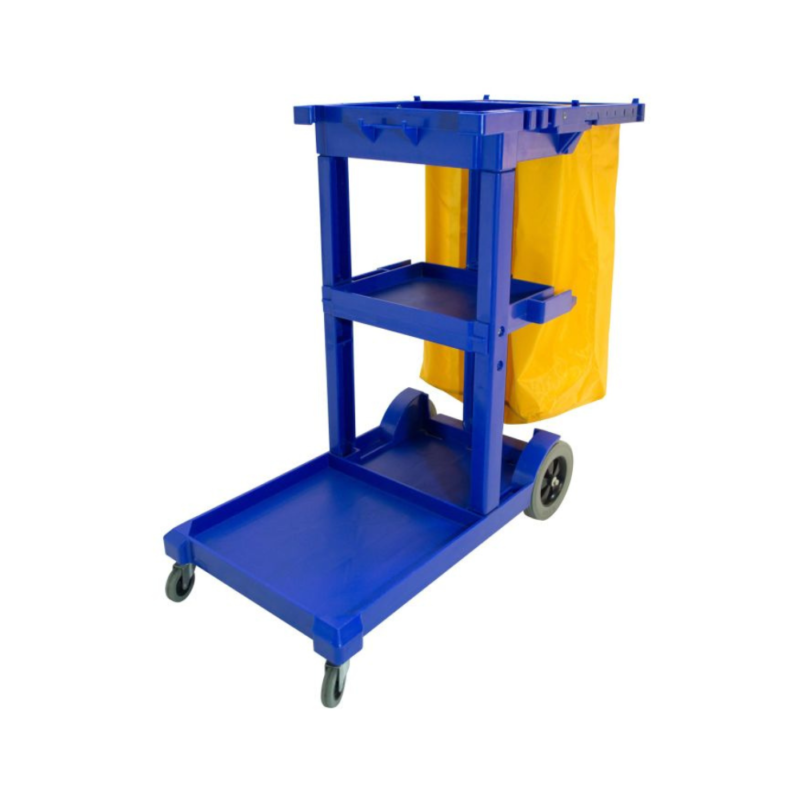 carro porta útles de aseo azul con bolsa amarilla